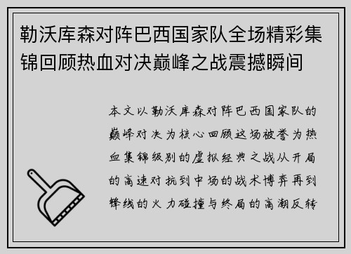 勒沃库森对阵巴西国家队全场精彩集锦回顾热血对决巅峰之战震撼瞬间